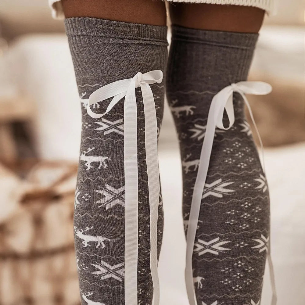 Christmas Element Bowknot Ribbed Trim Over Knee Stockings for Women