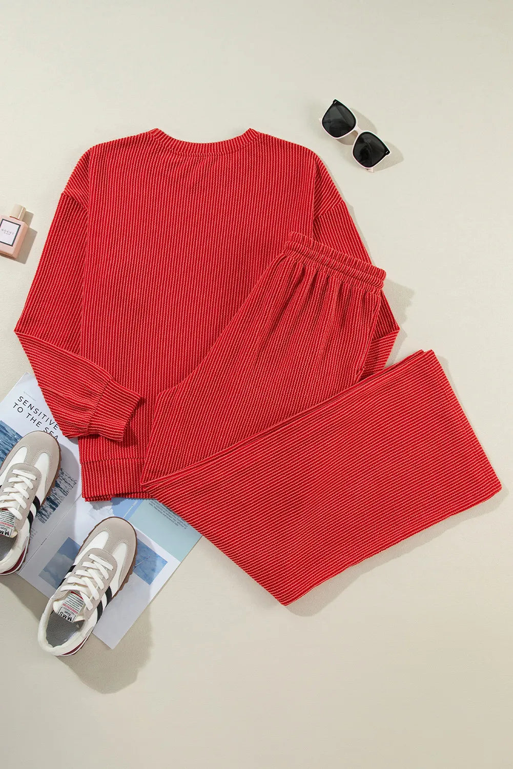 Jolly Round Neck Long Sleeve Top and Pants Lounge Set in Deep Red for Women