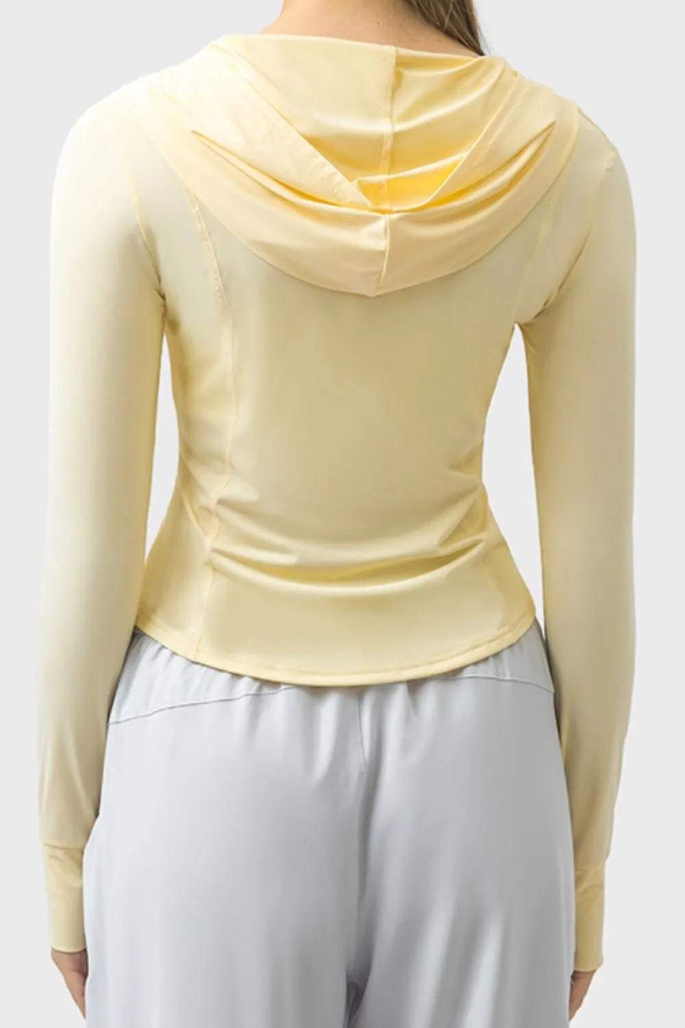 Pocketed Zip Up Hooded Long Sleeve Active Outerwear in Light Yellow for Women