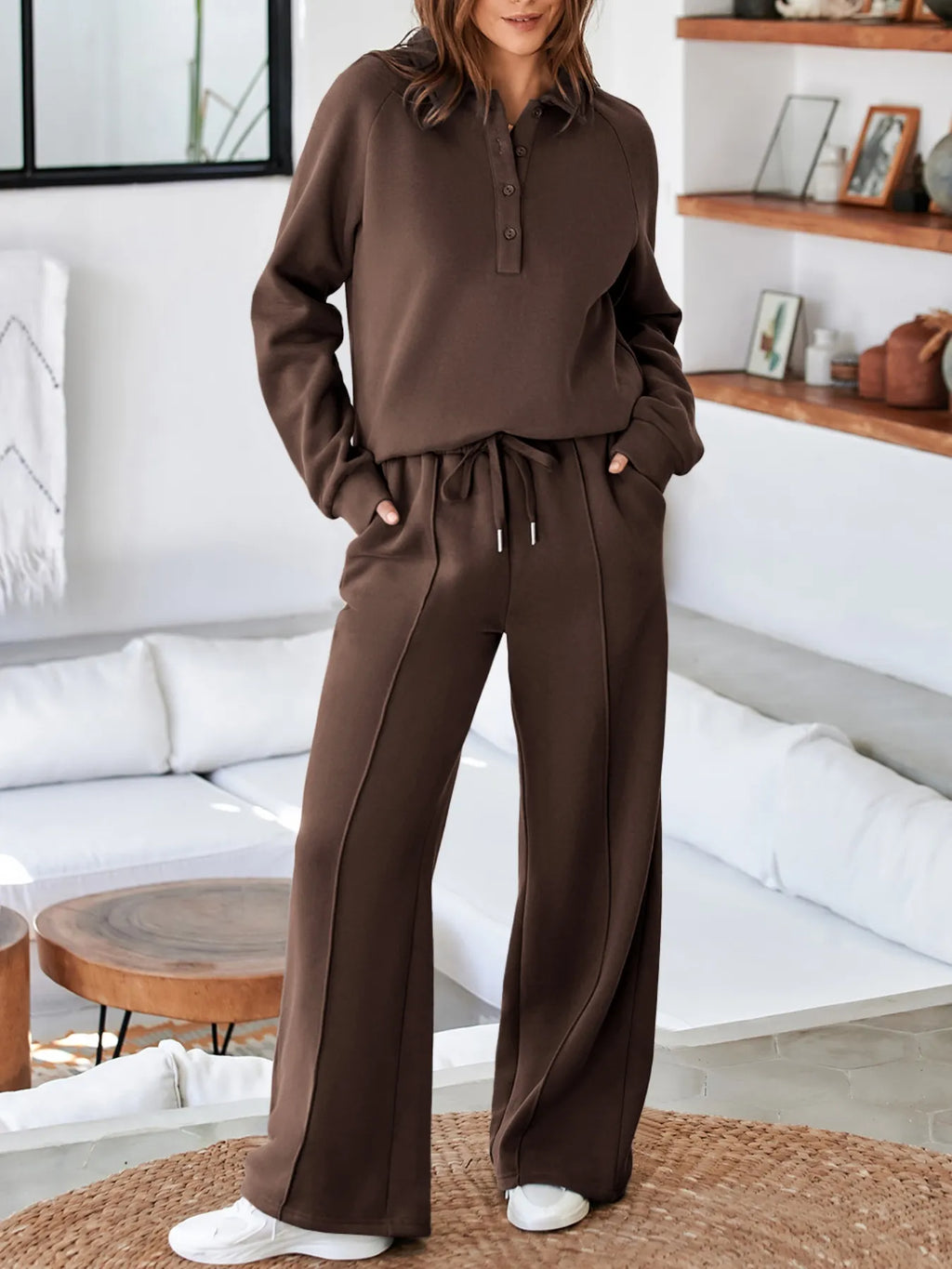 Collared Sweatshirt and High Waist Pants Active Set in Dusty Blue for Women