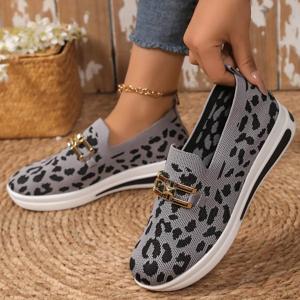 Leopard Round Toe Slip-Ons in Rice Leopard Print for Women
