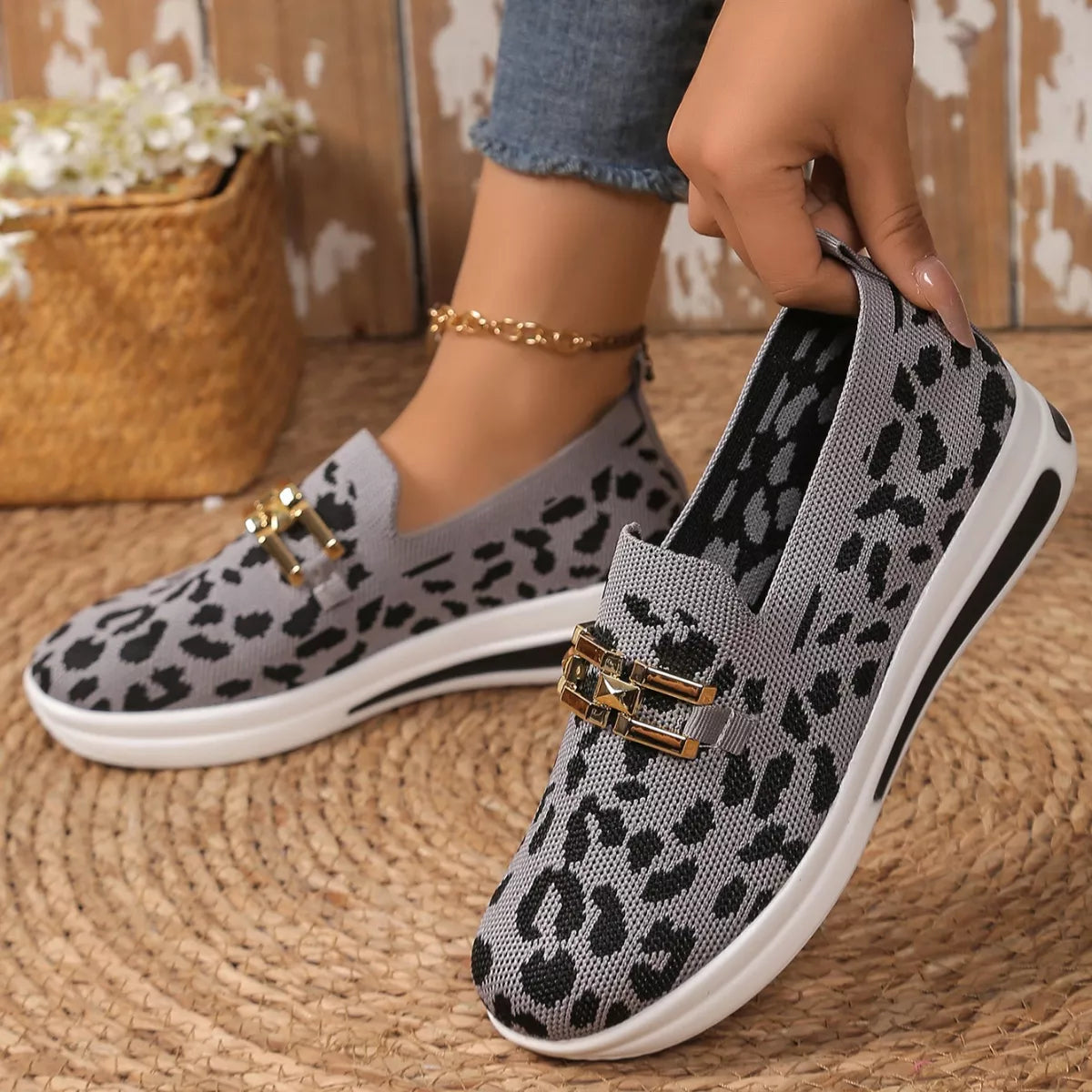 Leopard Round Toe Slip-Ons in Rice Leopard Print for Women