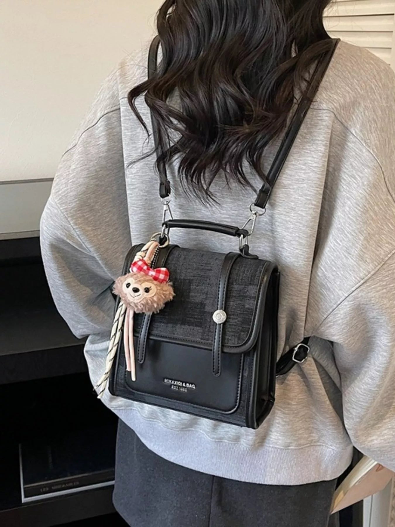 Flap Backpack Bag with Plush Charm in White for Women