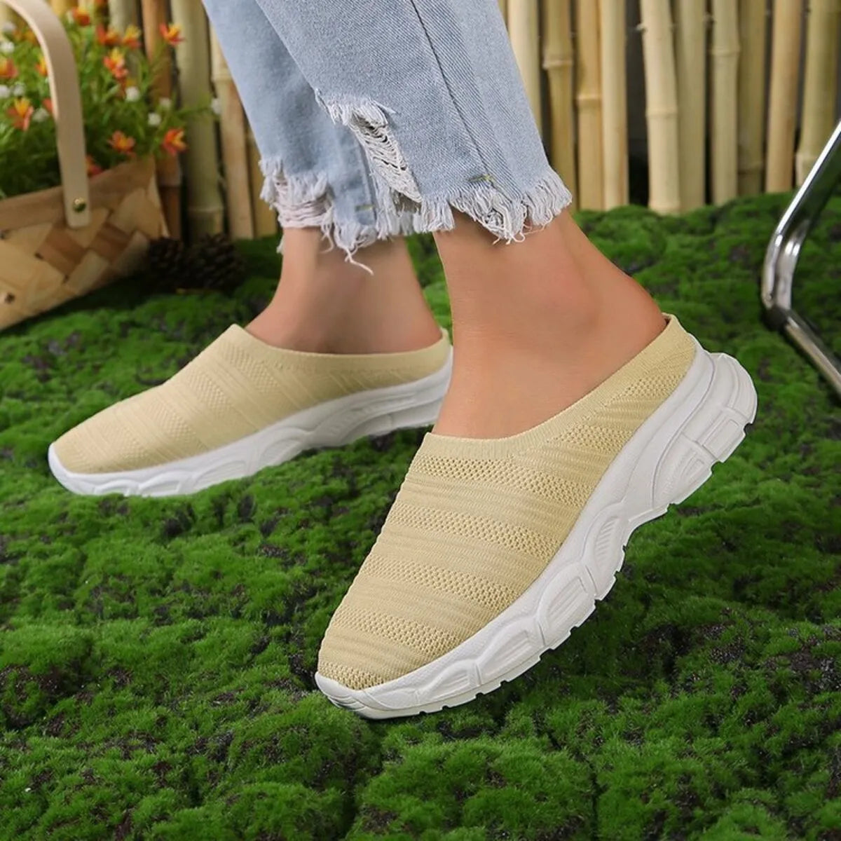 Breathable Mesh Round Toe Slip-Ons in Grey for Women