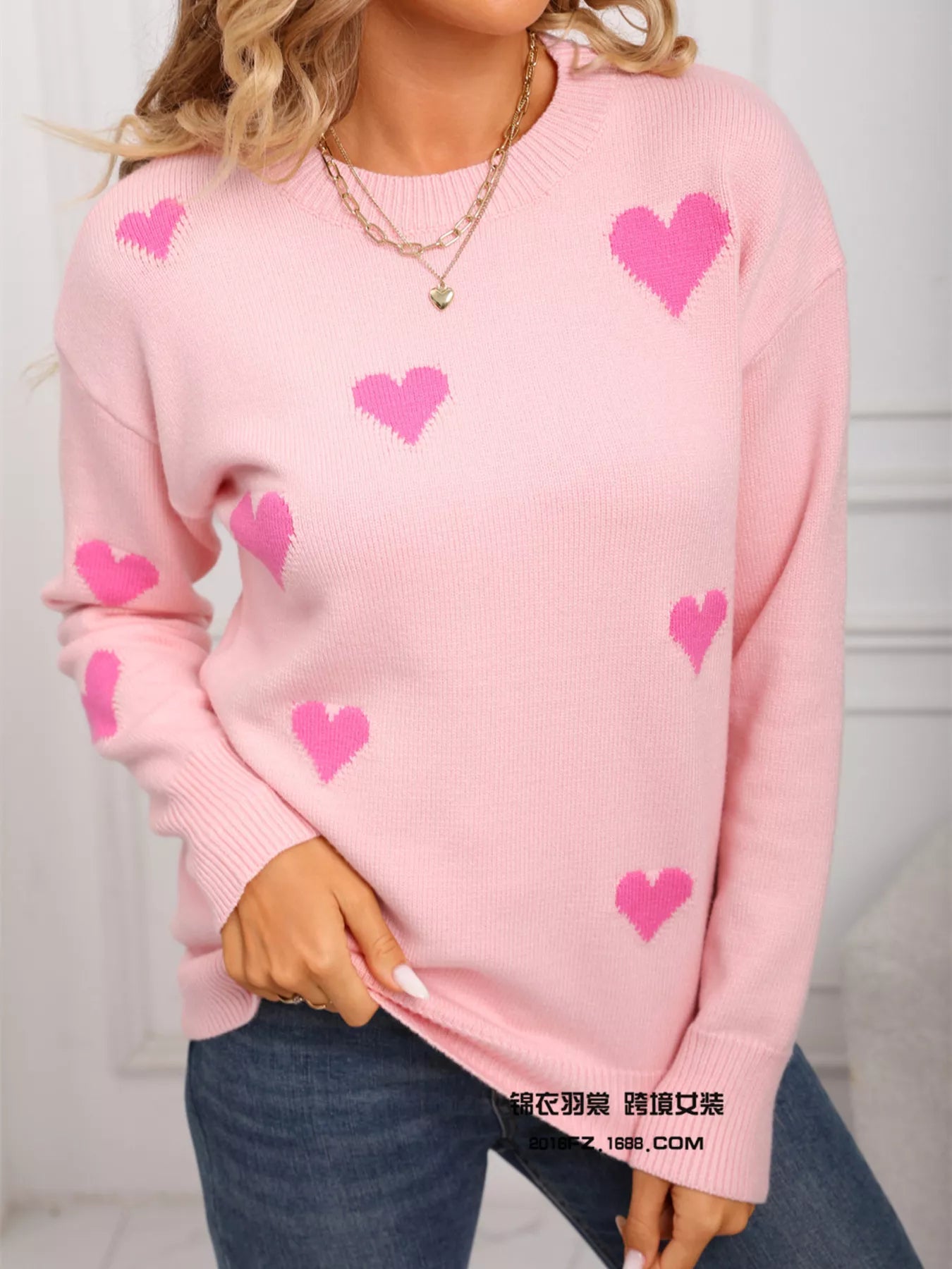 Valentines Day Heart Print Round Neck Sweater in Pink for Women