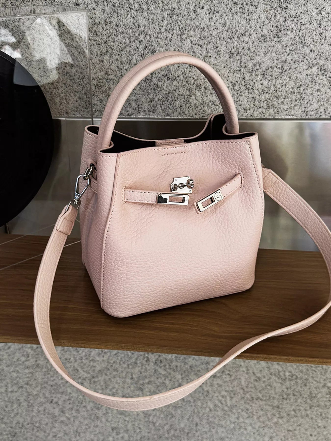 Leather Bucket Crossbody Bag in Blush Pink for Women