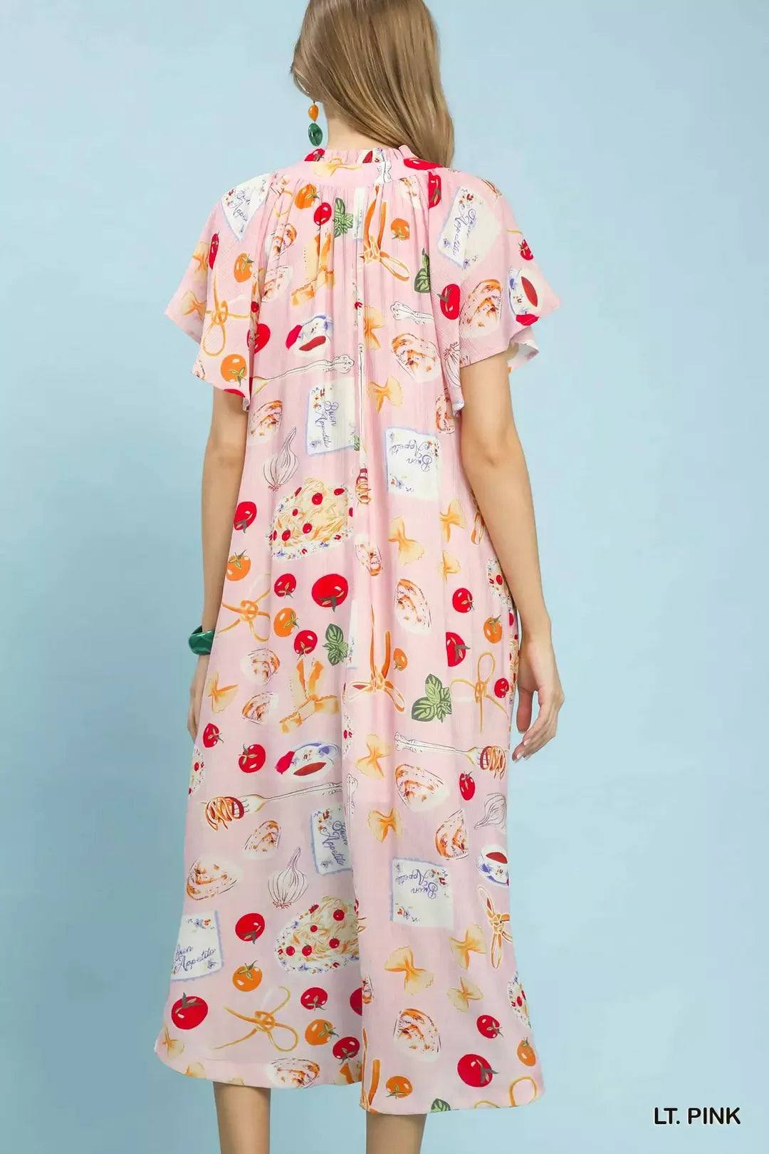Abstract Print Flutter Sleeve Midi Dress in Light Pink for Women