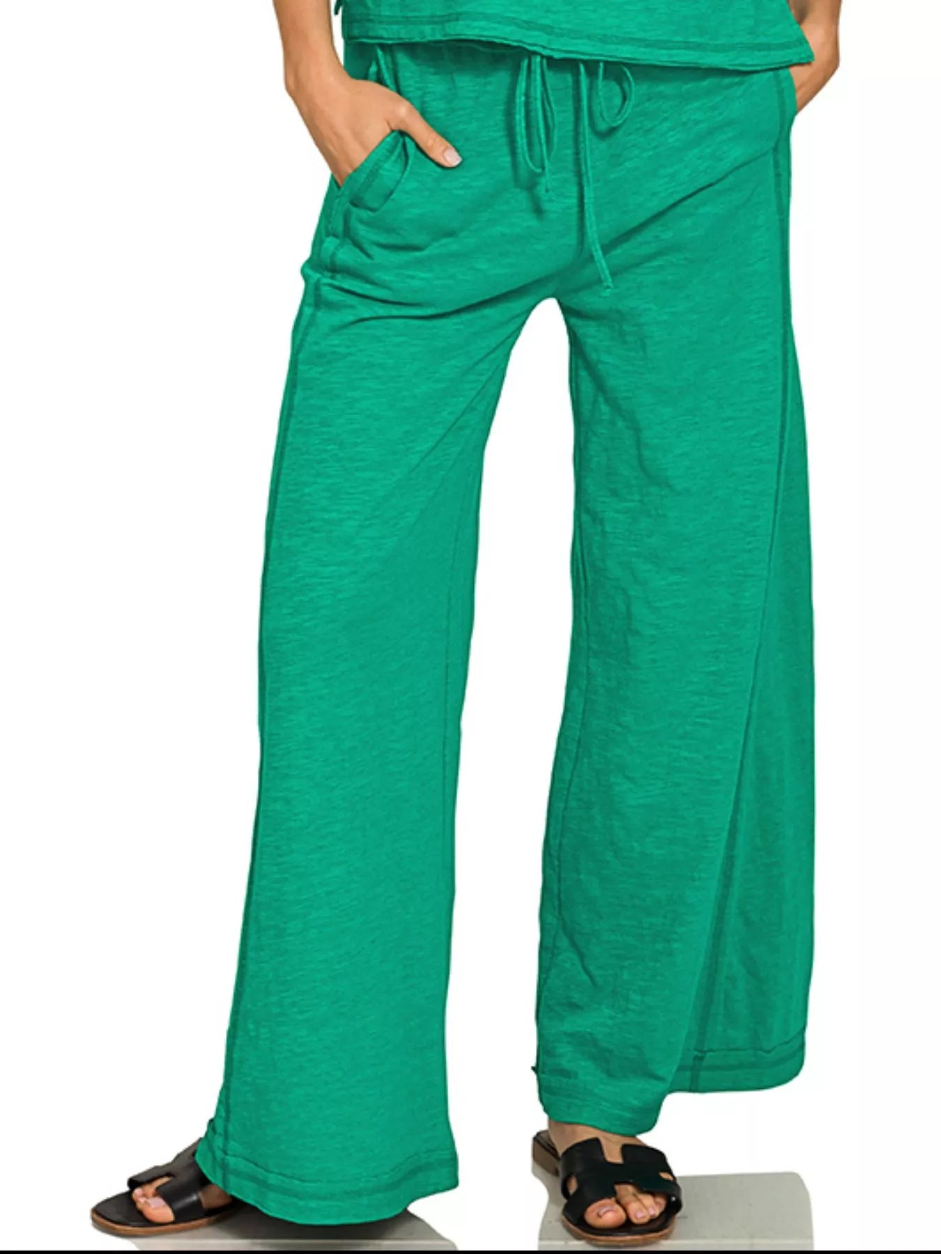 Cotton Slub Short Sleeve Tee and Pants Set in Green for Women