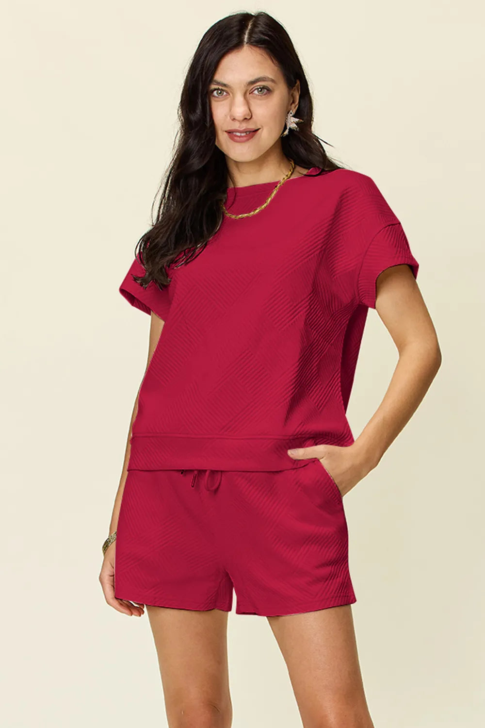 Plus Size Texture Short Sleeve T-Shirt and Drawstring Shorts Set in Mocha in Ivory for Women