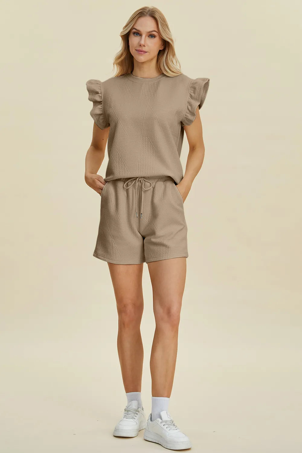 Plus Size Texture Round Neck Ruffle Sleeve Top and Shorts Set in Khaki for Women