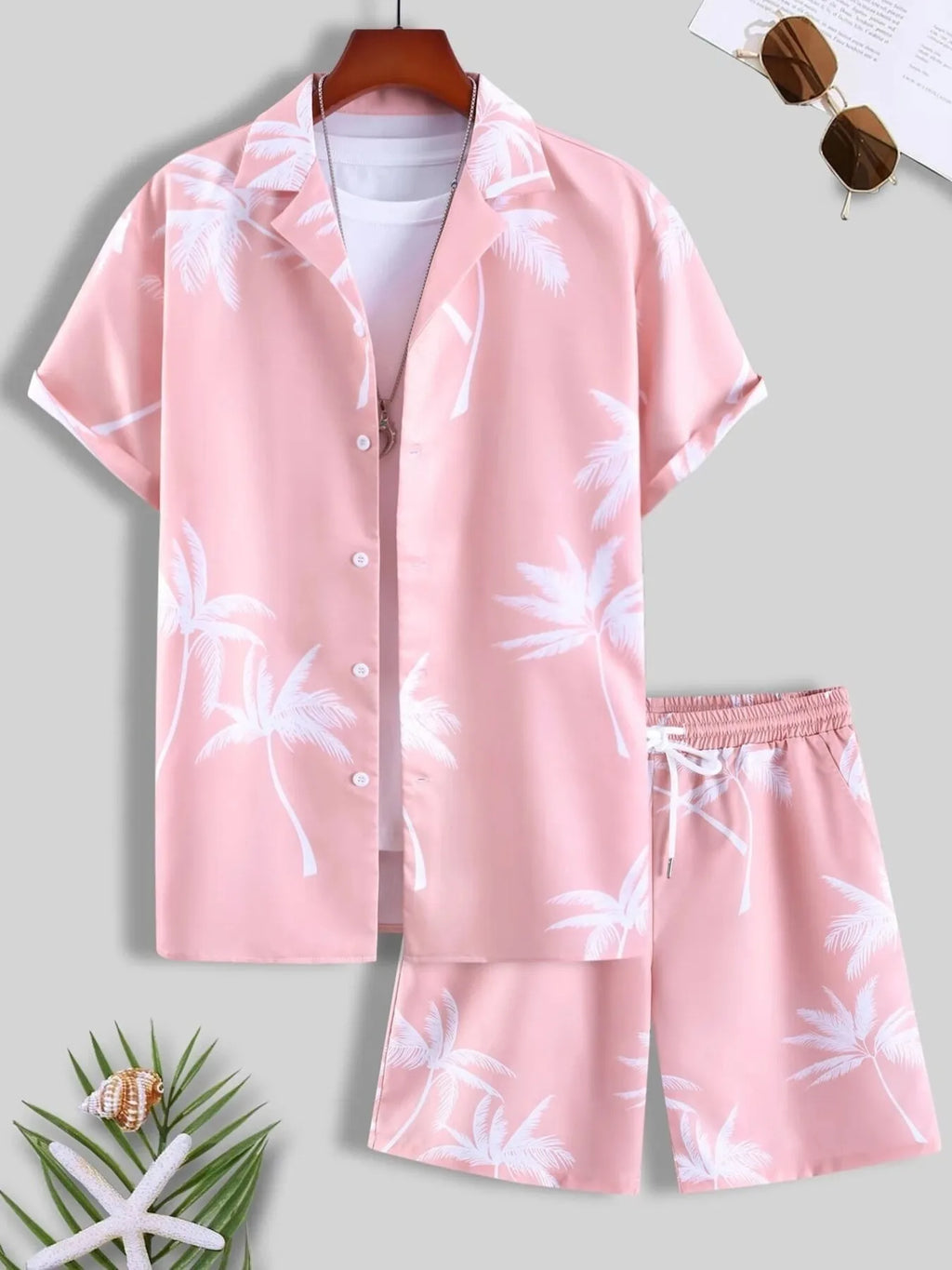 Palm Print Button Up Shirt and Shorts Set Plus Size in Pink for Men
