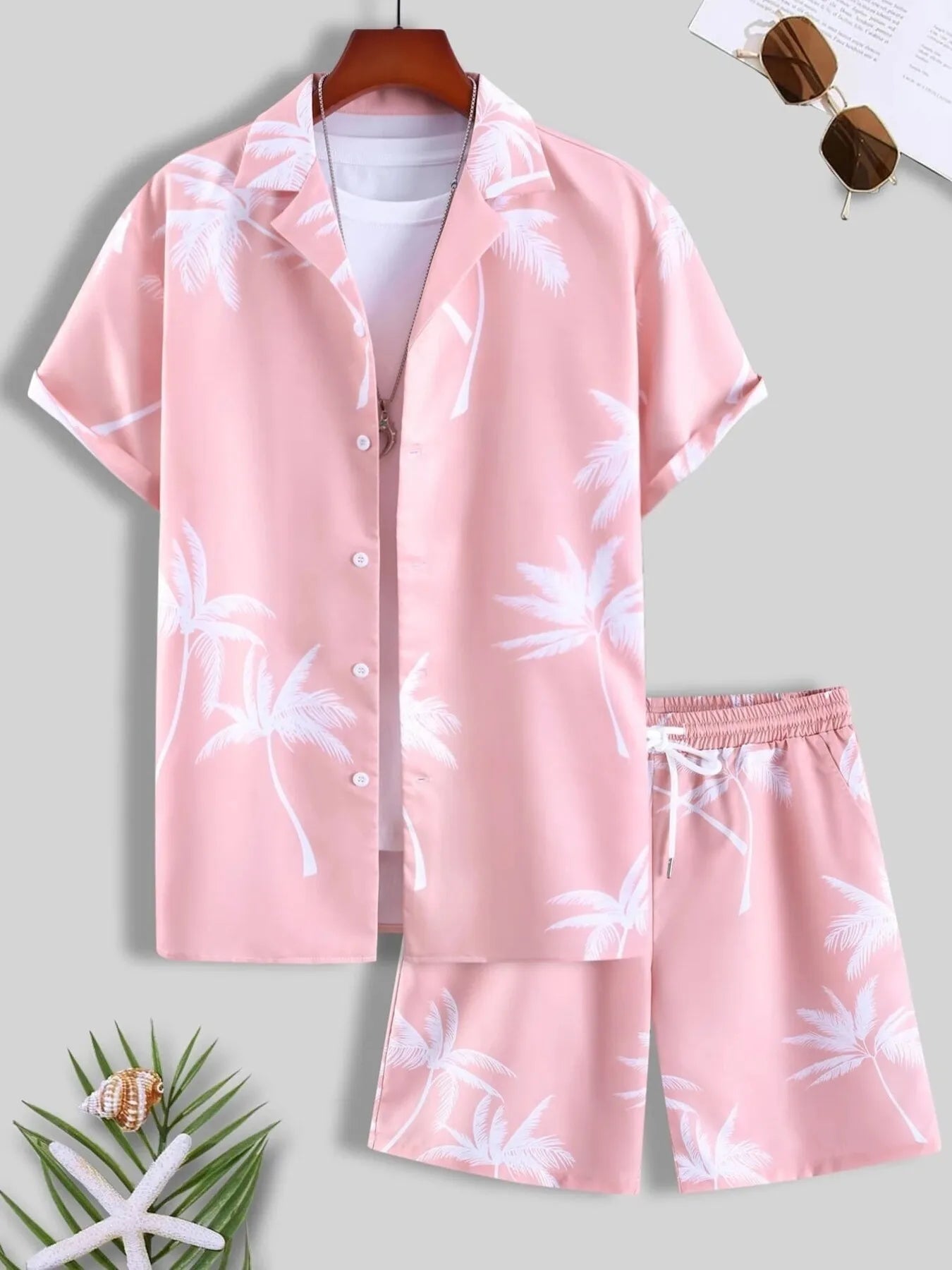 Palm Print Button Up Shirt and Shorts Set Plus Size in Pink for Men