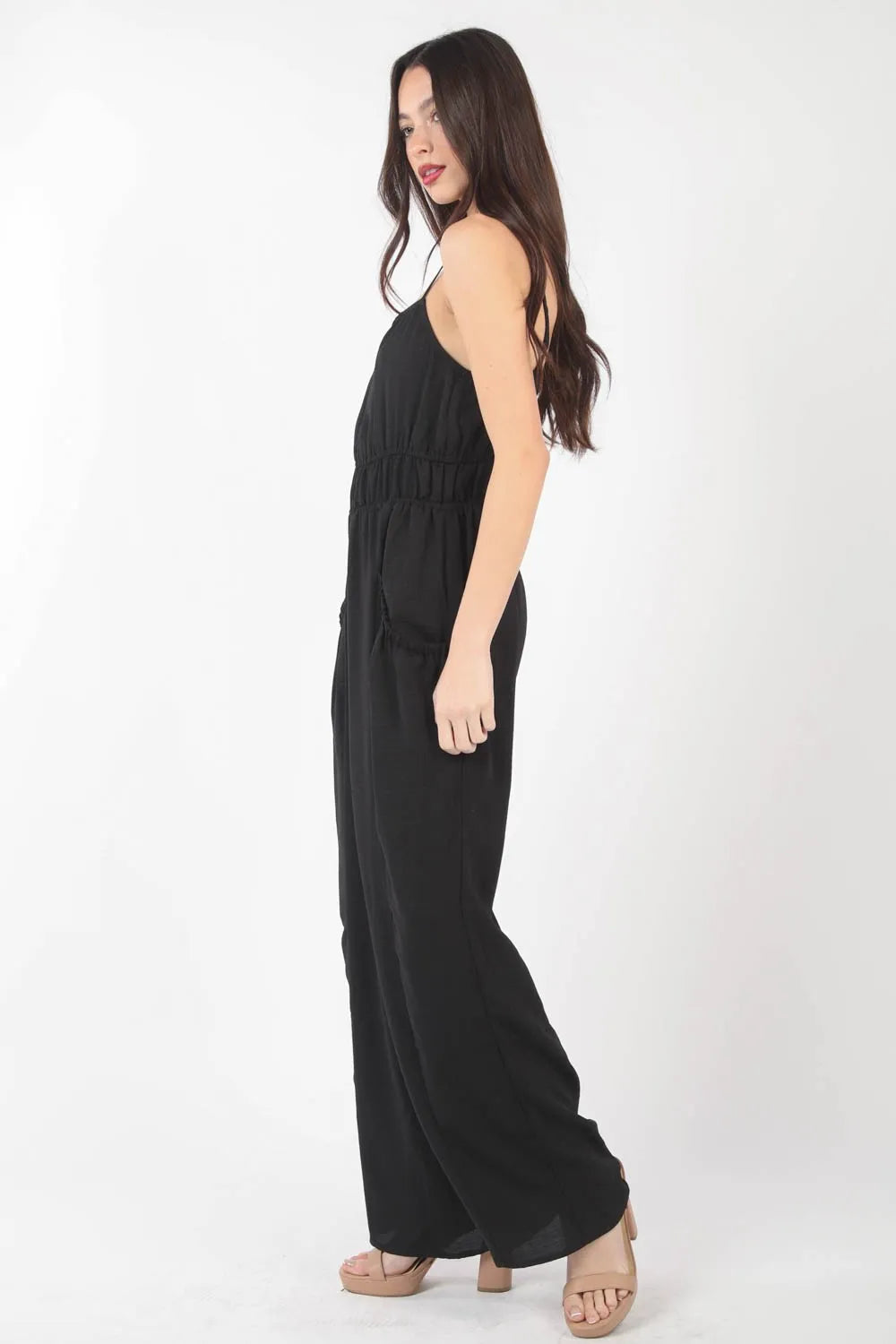 Pintuck Detail Woven Sleeveless Jumpsuit in Black for Women
