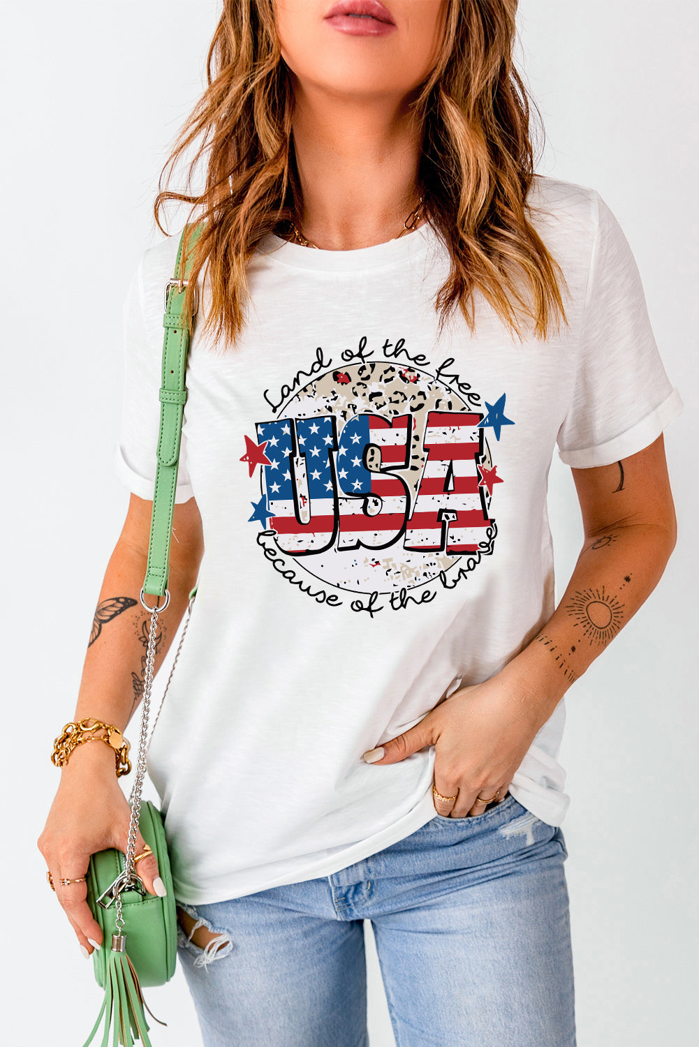 USA Graphic Round Neck Tee in White for Women