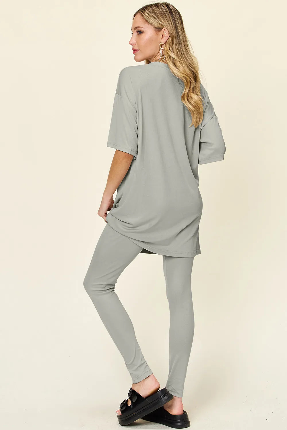 Plus Size Round Neck Dropped Shoulder T-Shirt and Leggings Set in Mocha for Women