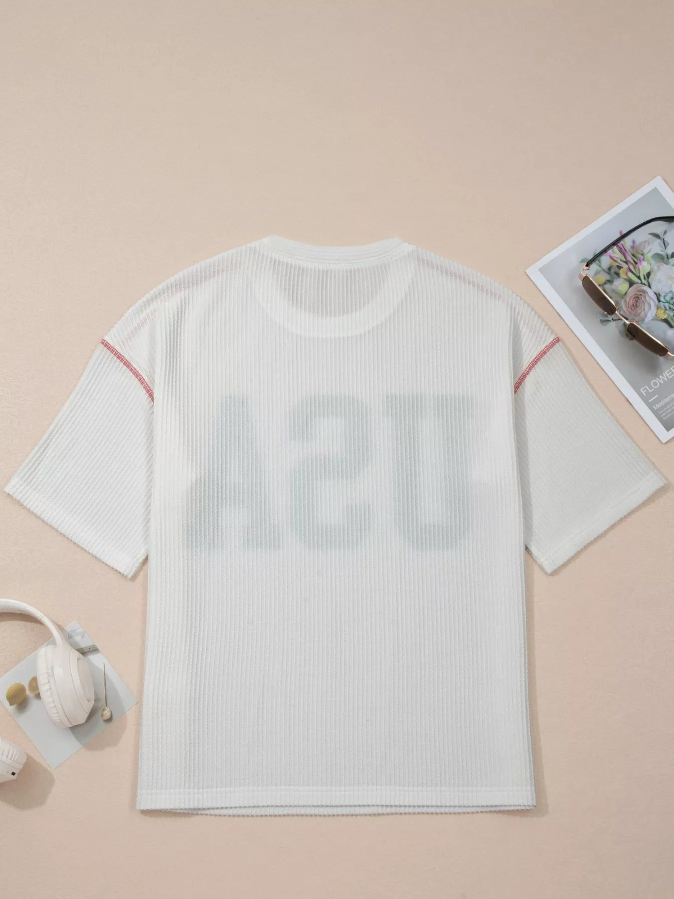 USA Graphic Half Sleeve Loose Ribbed Top in White for Women