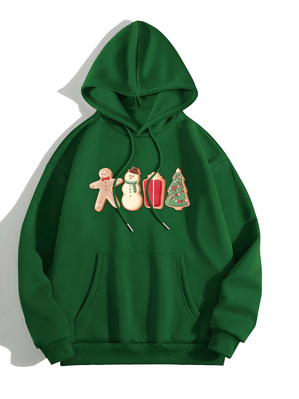 Graphic Drawstring Hoodie with Pocket in Green for Women