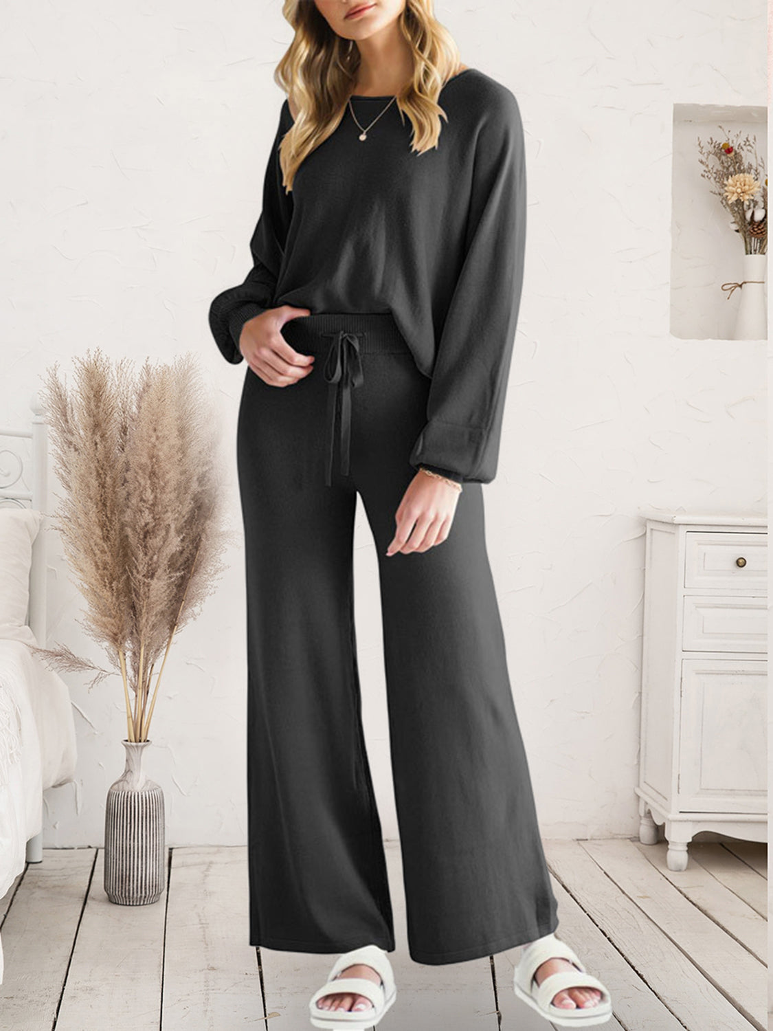 Long Sleeve Lounge Top and Drawstring Pants Set in Pink for Women