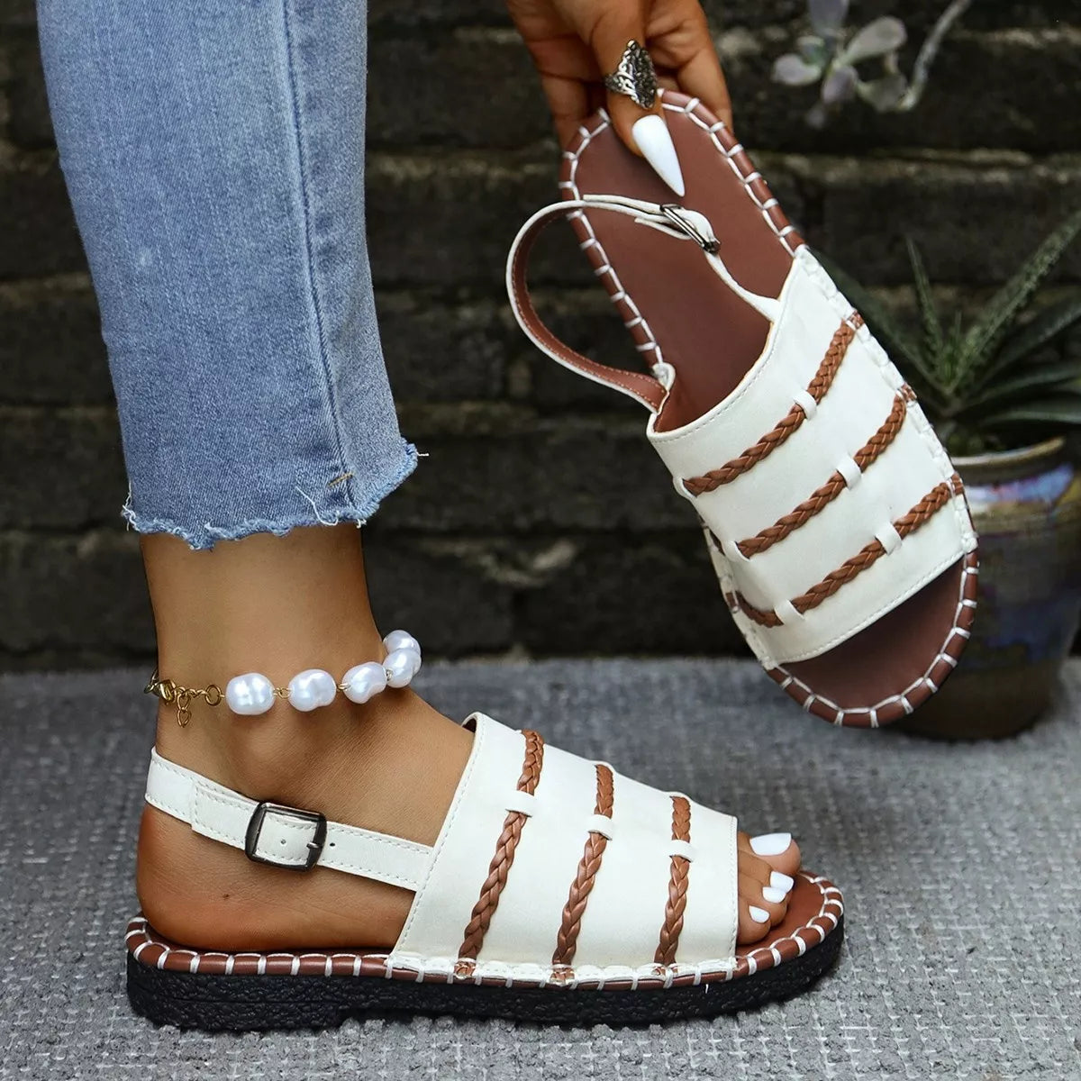 Open Toe Buckle Sandals in White in Army Green for Women