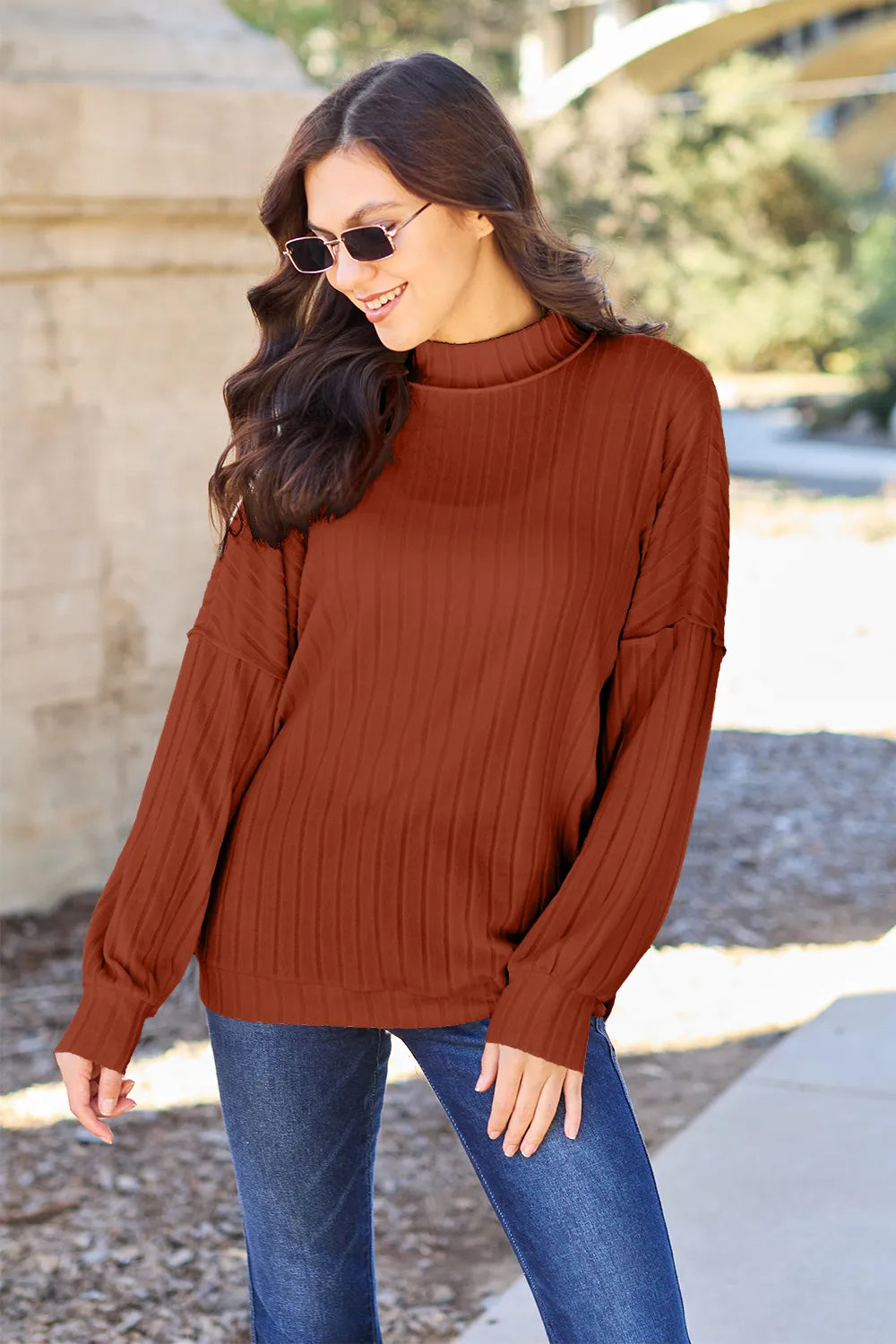 Plus Size Ribbed Exposed Seam Mock Neck Knit Top in Turquoise for Women
