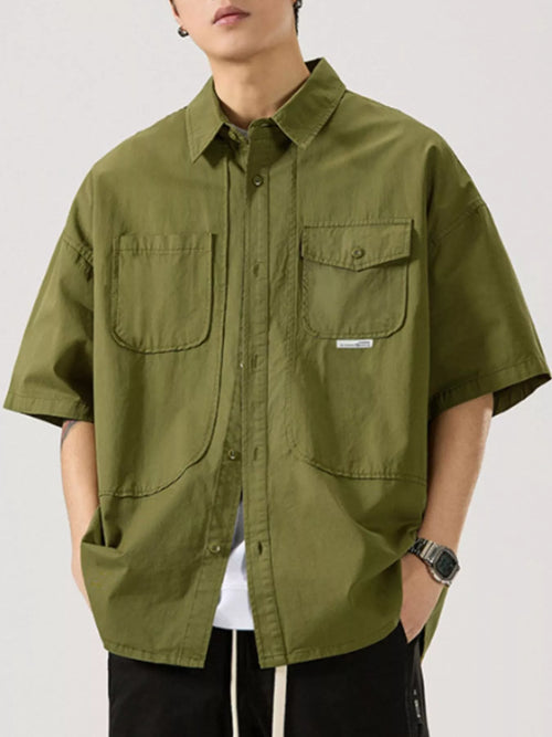 Button Up Half Sleeve Shirt Plus Size in Light Apricot for Men