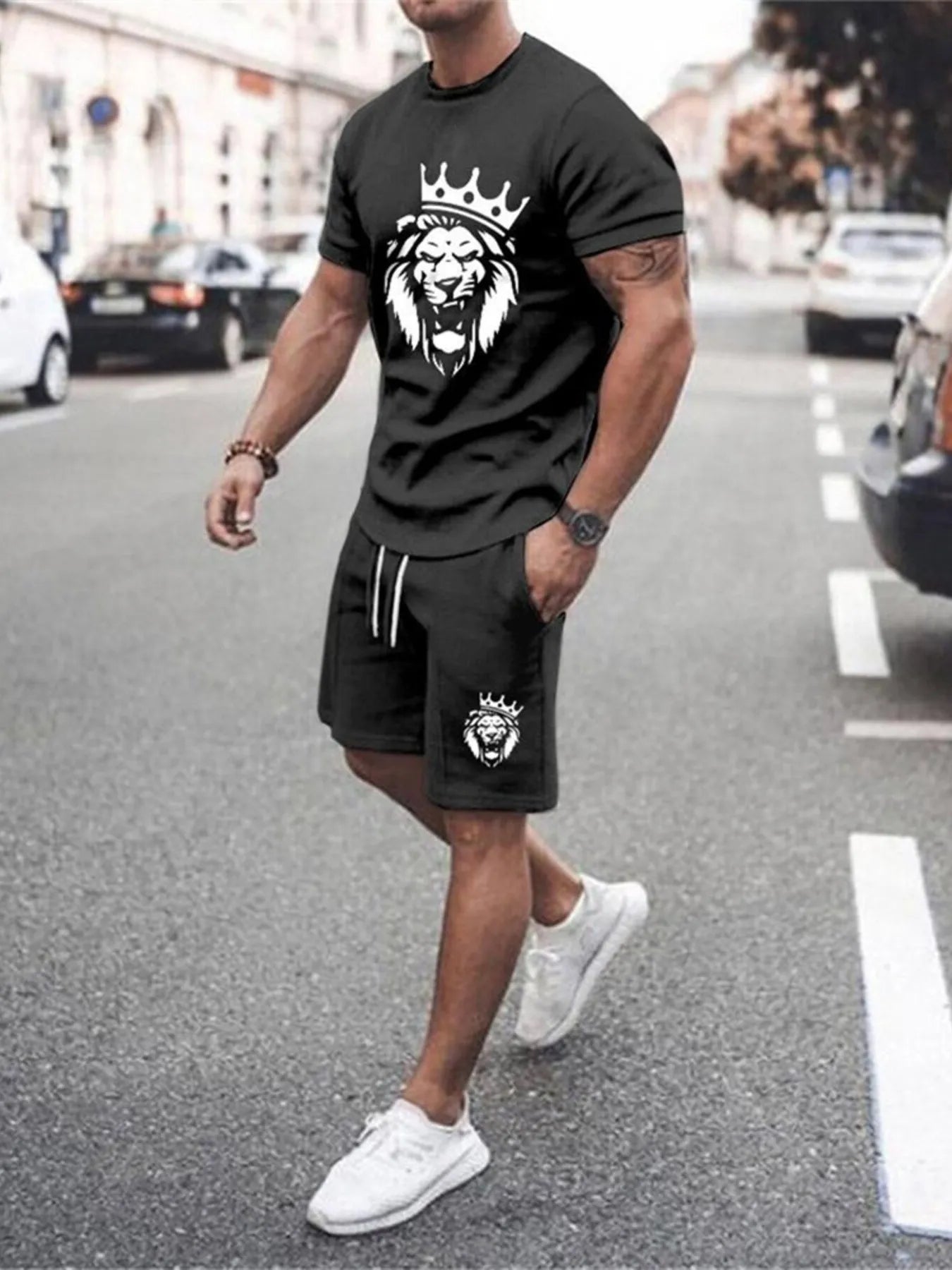 Gradient Color Casual Tee and Shorts Plus Size Set in Orange-Red for Men