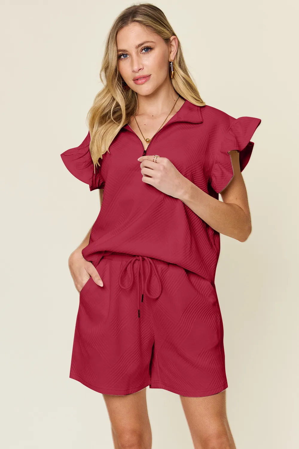 Plus Size Texture Flounce Sleeve Top and Drawstring Shorts Set in Black for Women