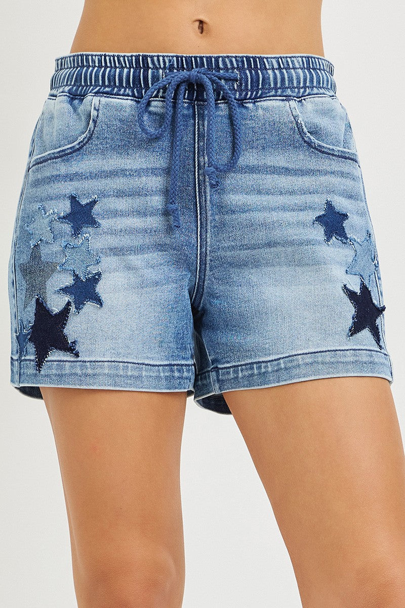 Elastic Band Slouchy Denim Shorts with Star Patched Details for Women