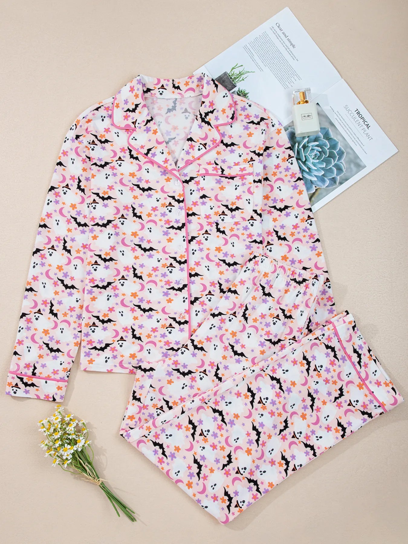 Halloween Ghost Print Button Up Top and Pants Lounge Set in Dusty Pink for Women