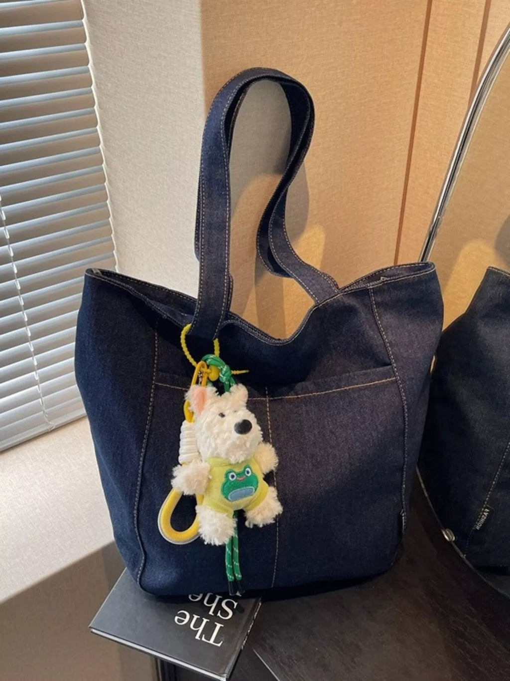 Denim Shoulder Bag with Cute Charm in Navy for Women