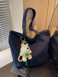 Denim Shoulder Bag with Cute Charm in Navy for Women