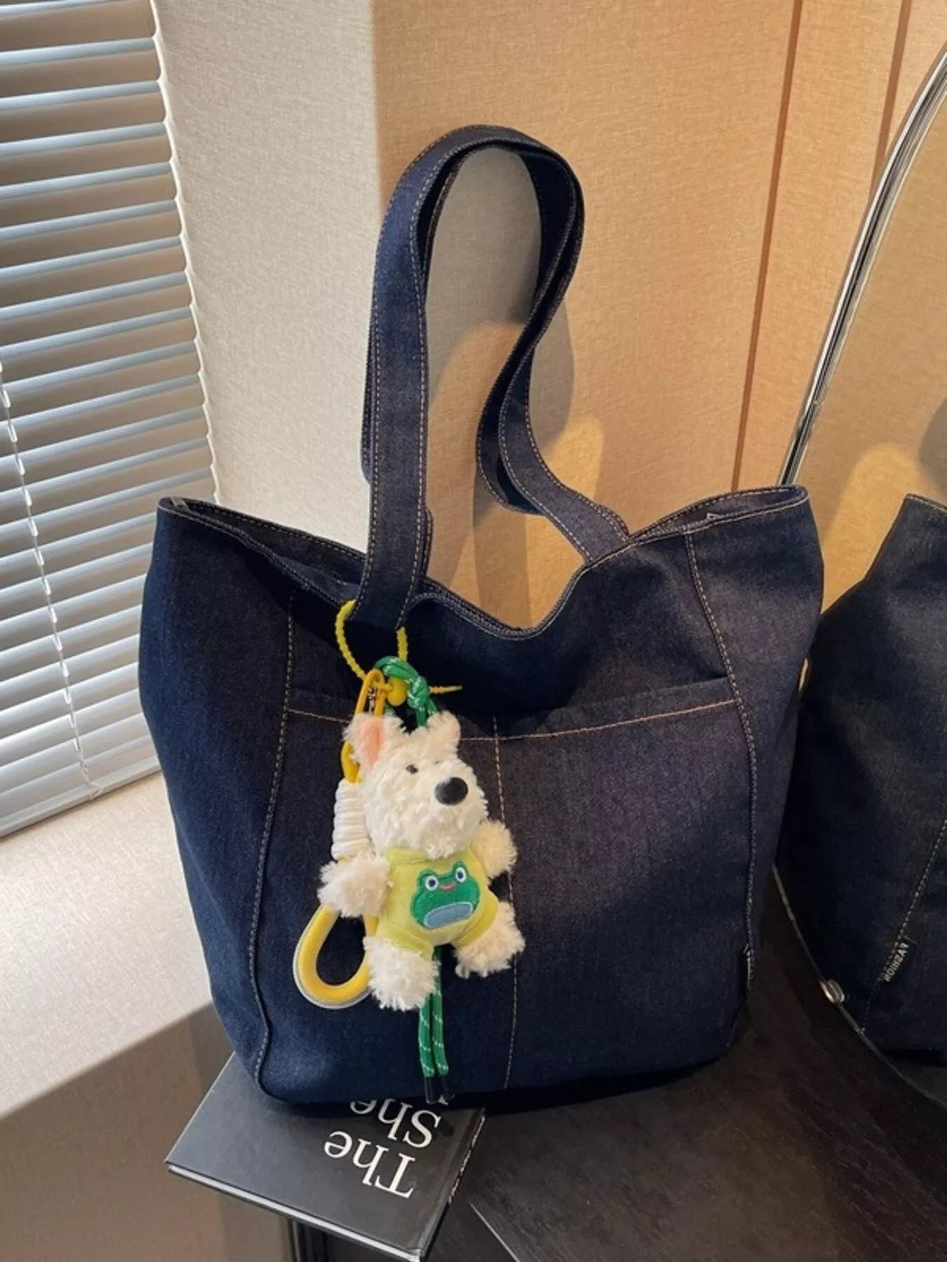 Denim Shoulder Bag with Cute Charm in Navy for Women