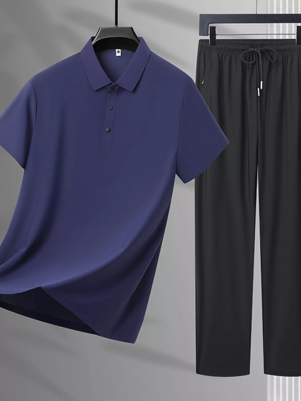 Plus Size Button Detail Polo and Pants Set in Black for Men