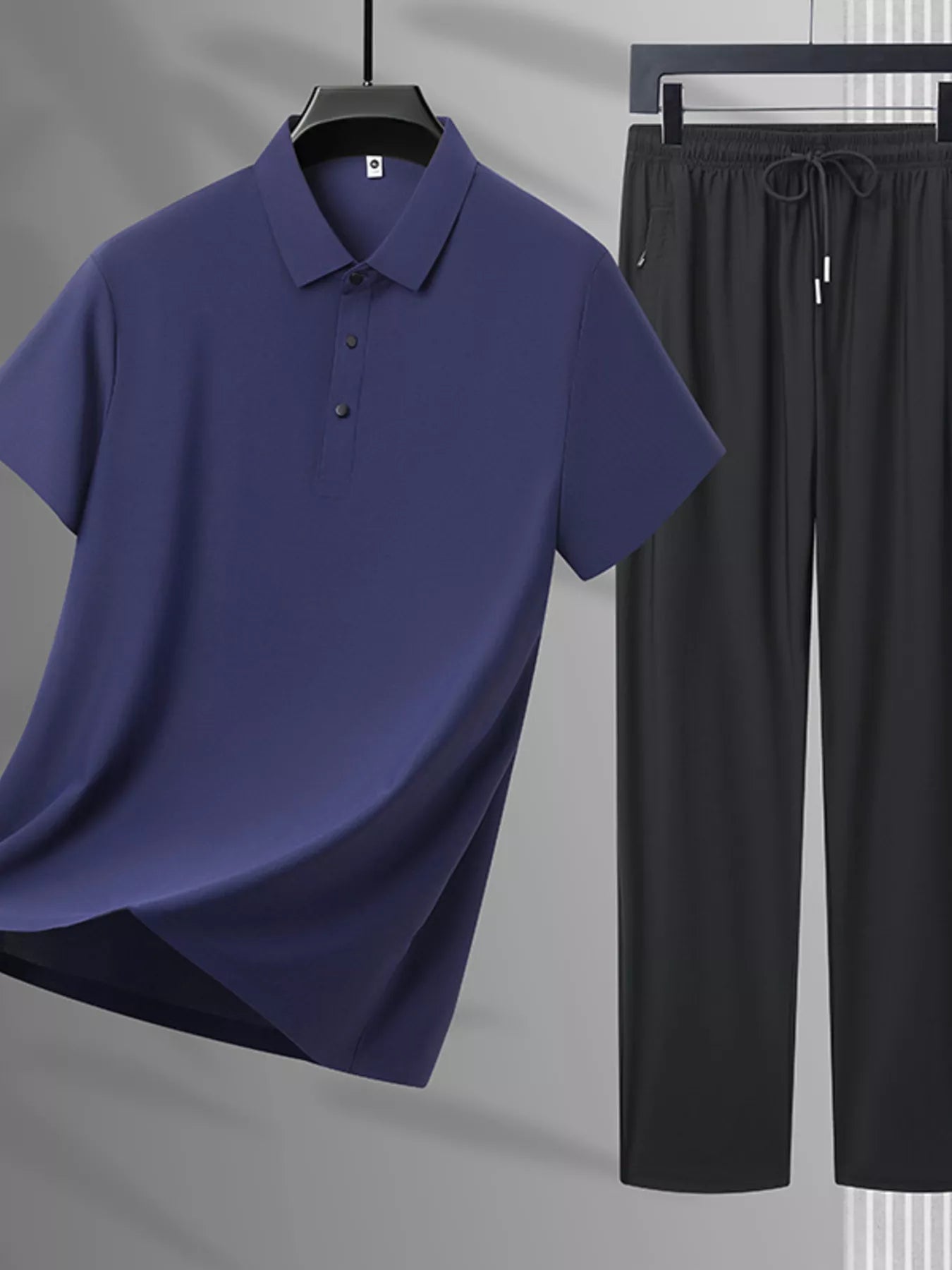 Plus Size Button Detail Polo and Pants Set in Black for Men