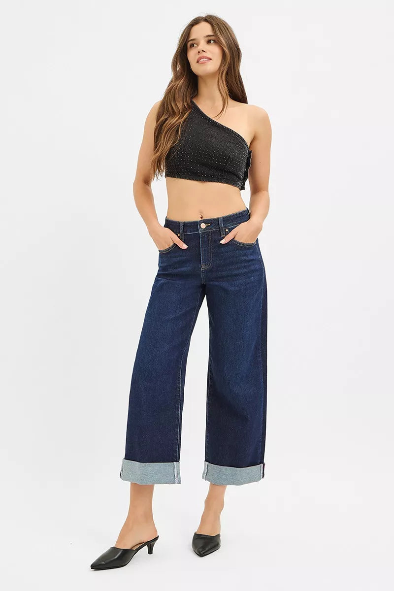 Mid Rise Fit Ankle Wide Roll Up Jeans in Dark for Women
