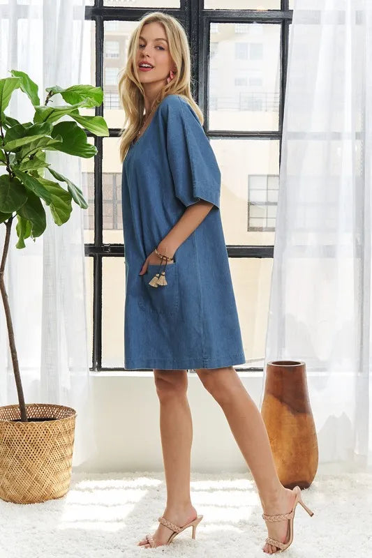 V-Neck Half Sleeve Mini Denim Dress for Women
