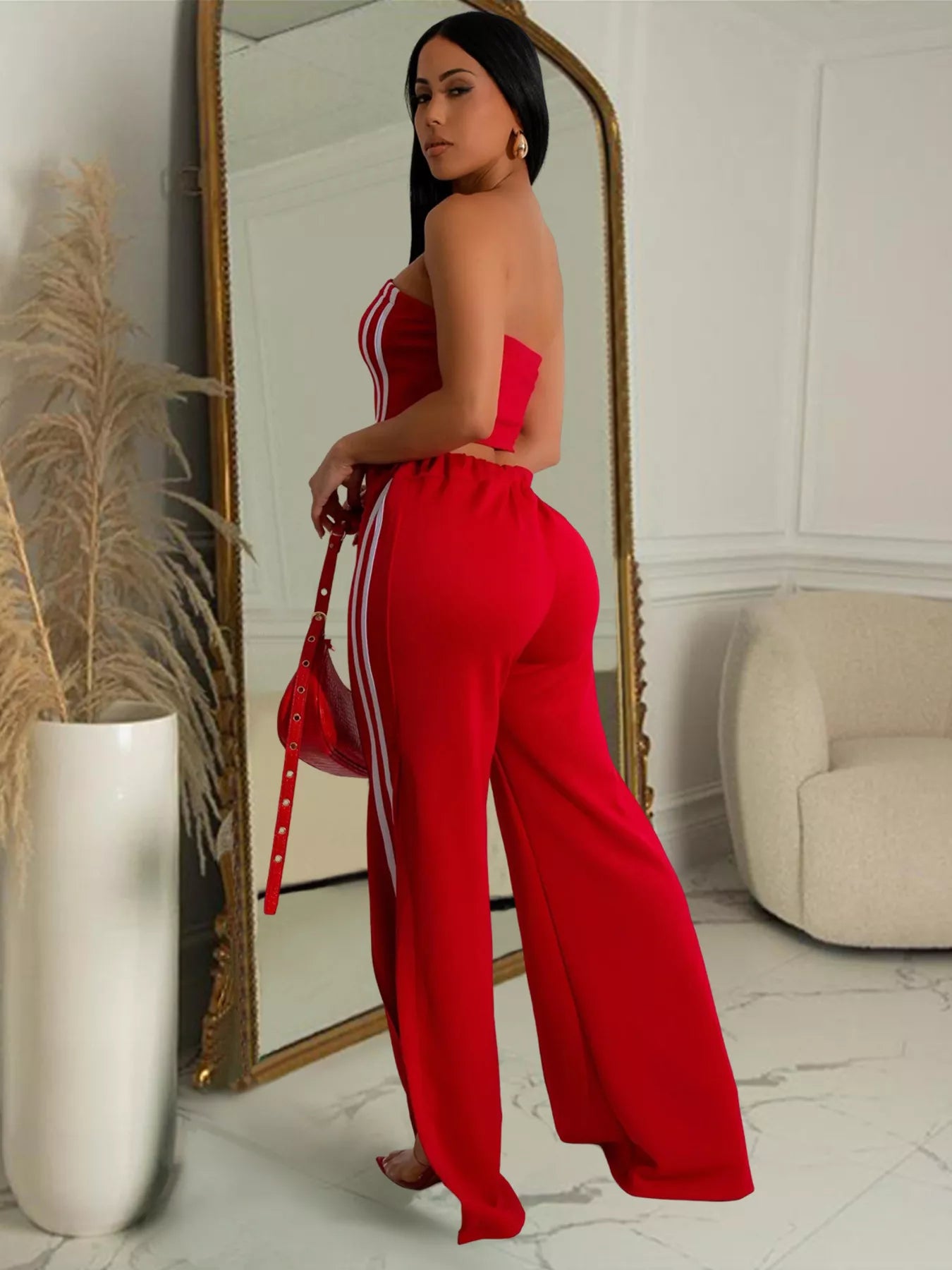 Sleeveless Tube Top and Wide Leg Pants Set in Scarlet for Women