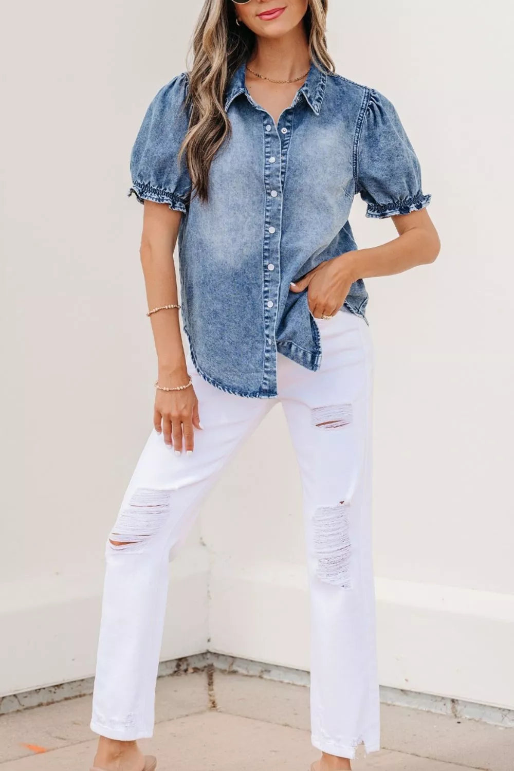 Frilled Short Sleeve Snap Button Denim Shirt in Medium for Women