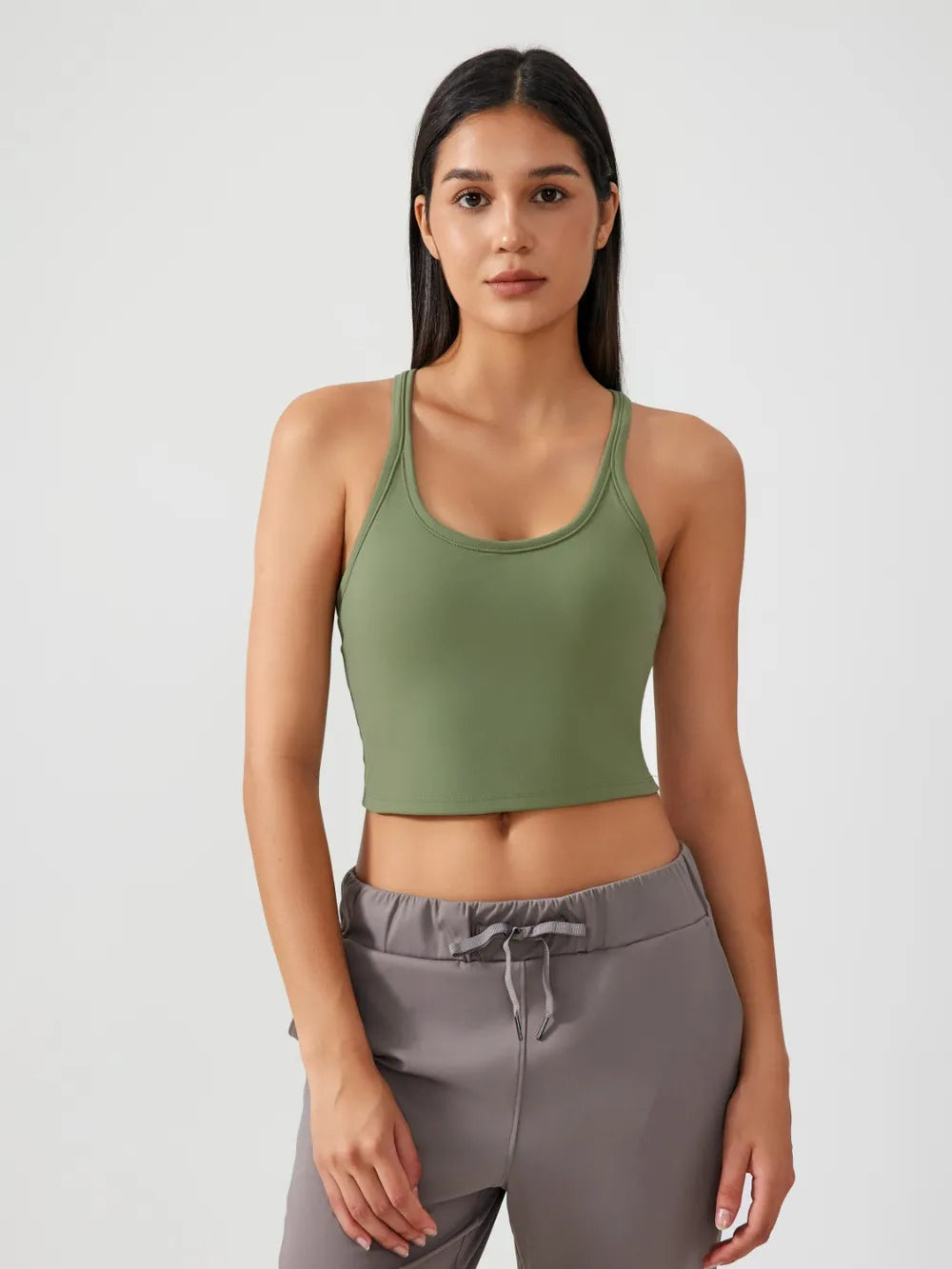 Scoop Neck Active Tank with Detachable Chest Pads in Beige for Women