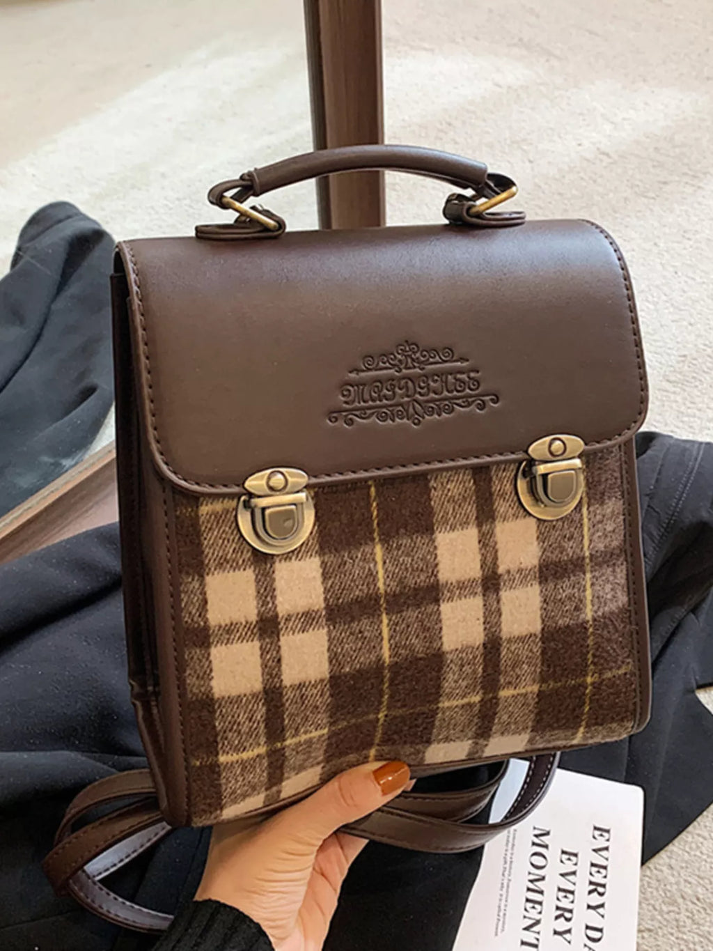 Vintage Plaid Flap Backpack Bag for Women