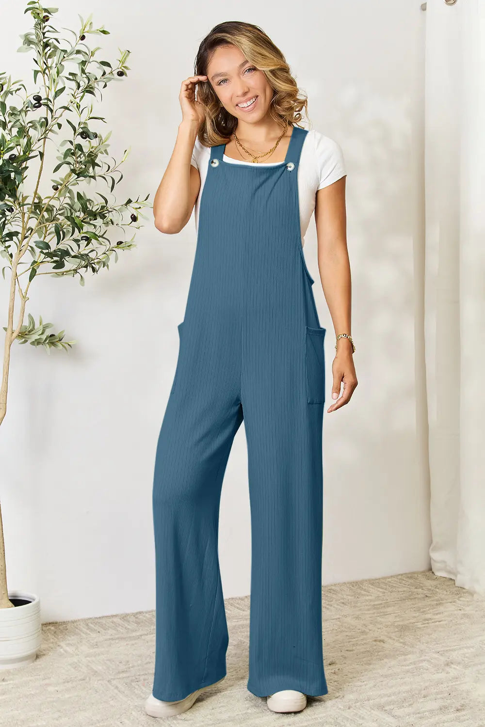 Plus Size Wide Strap Overall with Pockets in French Blue for Women