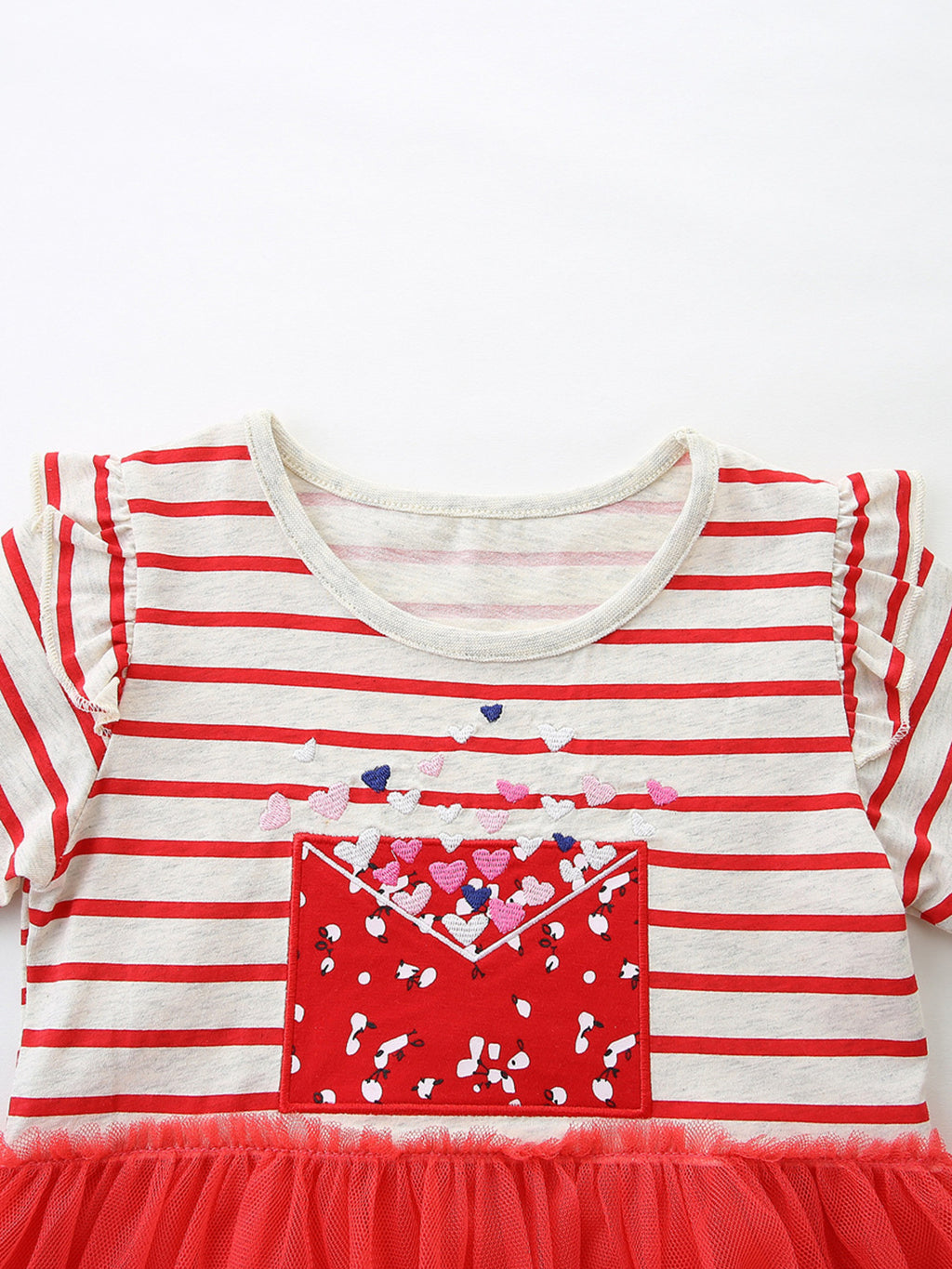 Striped Short Sleeve Tulle Dress in Red for Girls