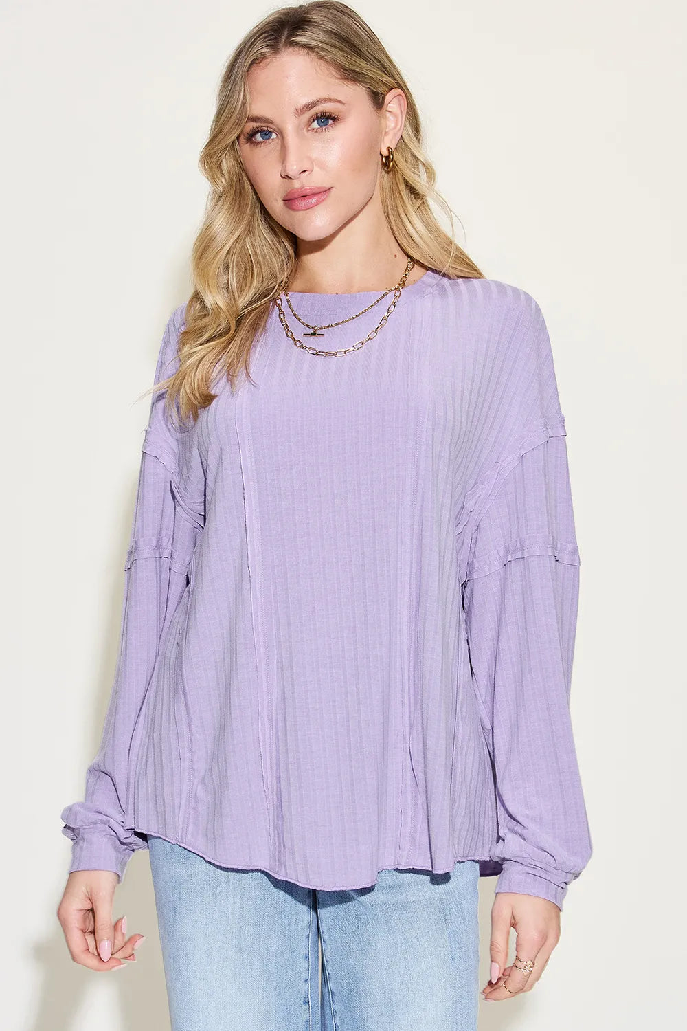 Plus Size Ribbed Round Neck Long Sleeve T-Shirt in Lavender for Women