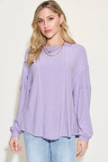 Plus Size Ribbed Round Neck Long Sleeve T-Shirt in Lavender for Women