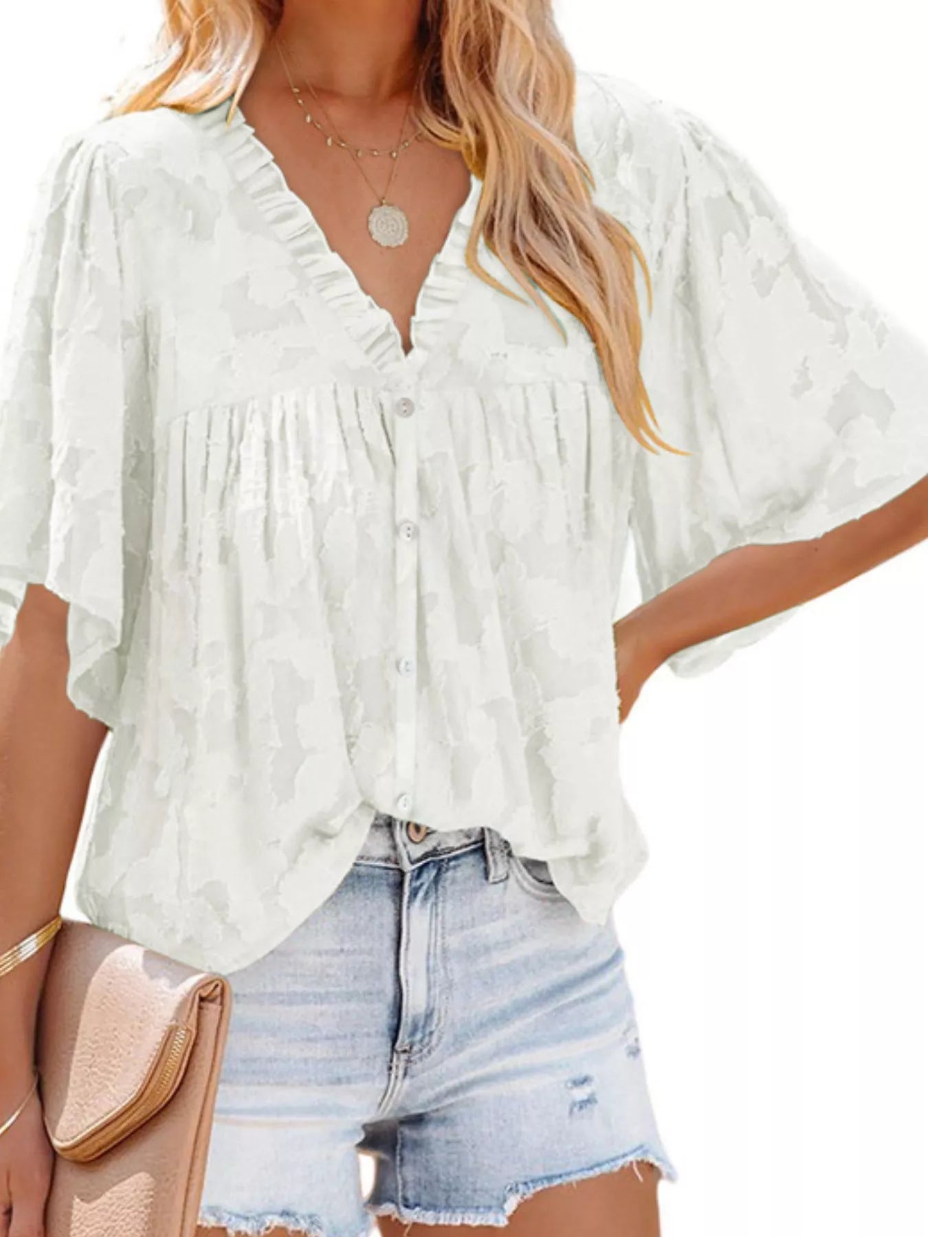 Textured V-Neck Button-Down Shirt Plus Size in Brown for Women