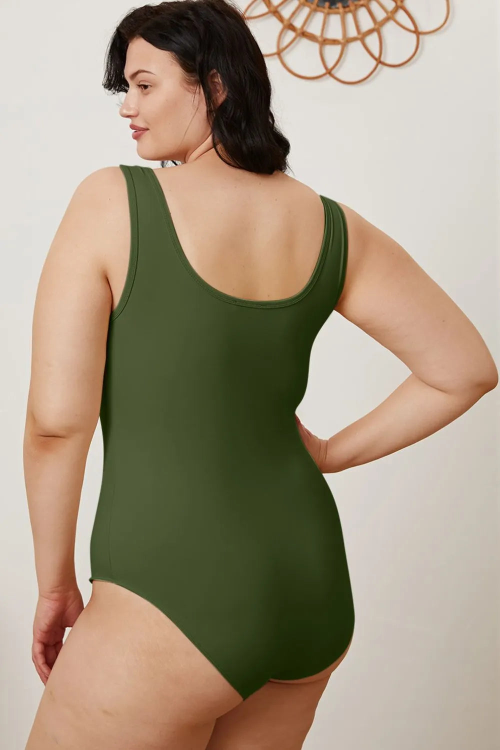 Plus Size Square Neck Sleeveless Bodysuit in Dark Green for Women