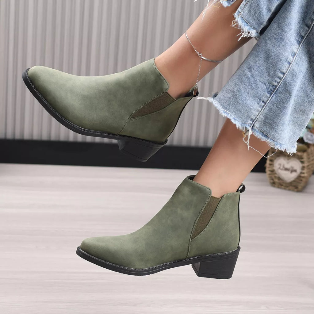 Point Toe Block Heels Ankle Boots in Black for Women