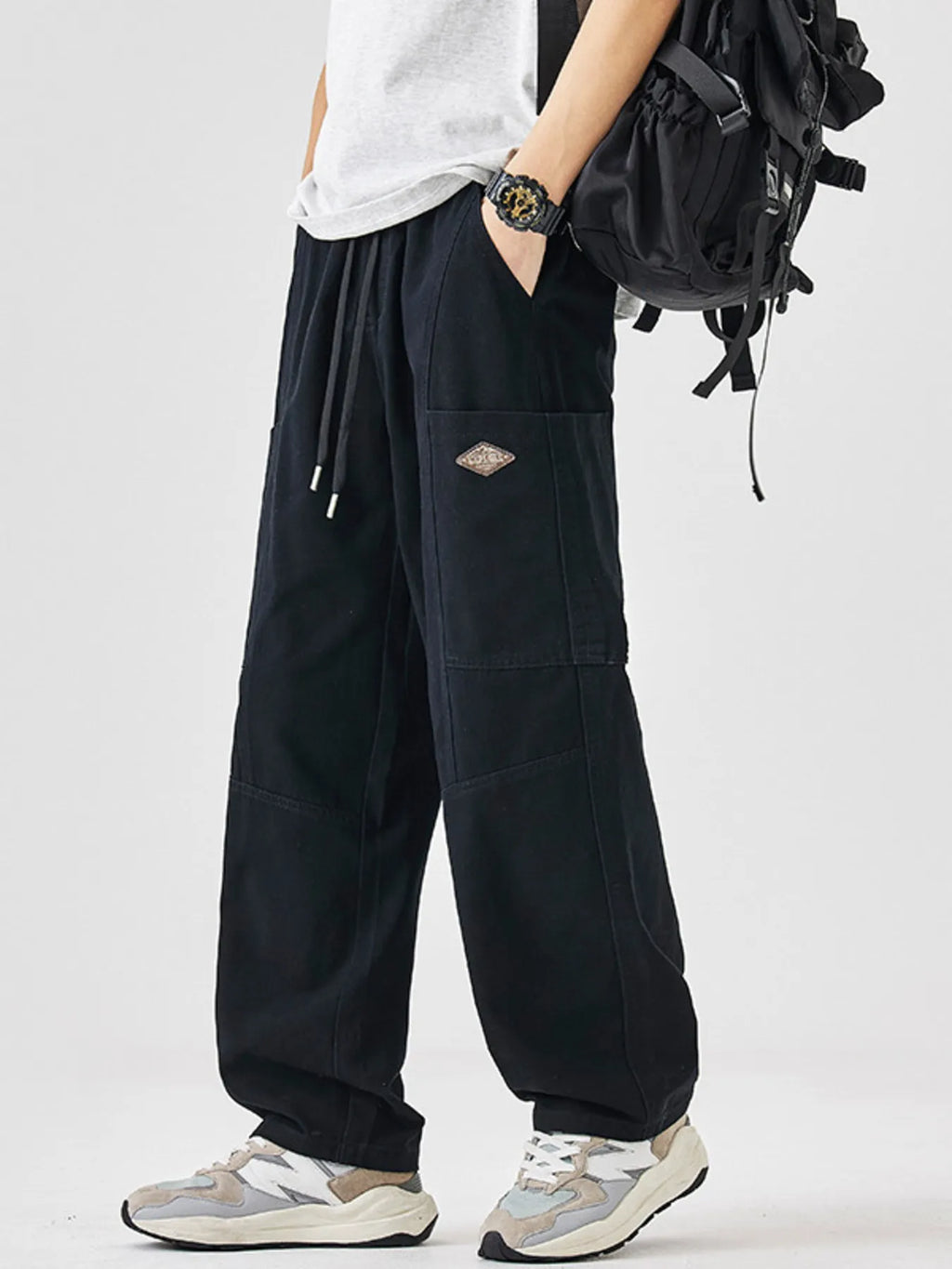Plus Size Casual Wide-Leg Drawstring Pants in Black for Men