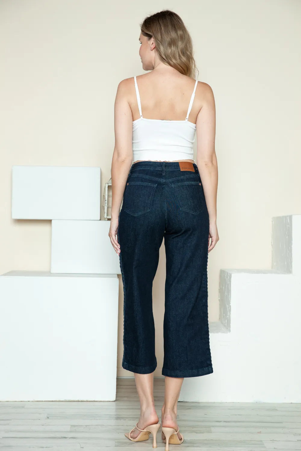 Plus Size Side Seam Braid Detail Crop Wide Leg Jeans for Women