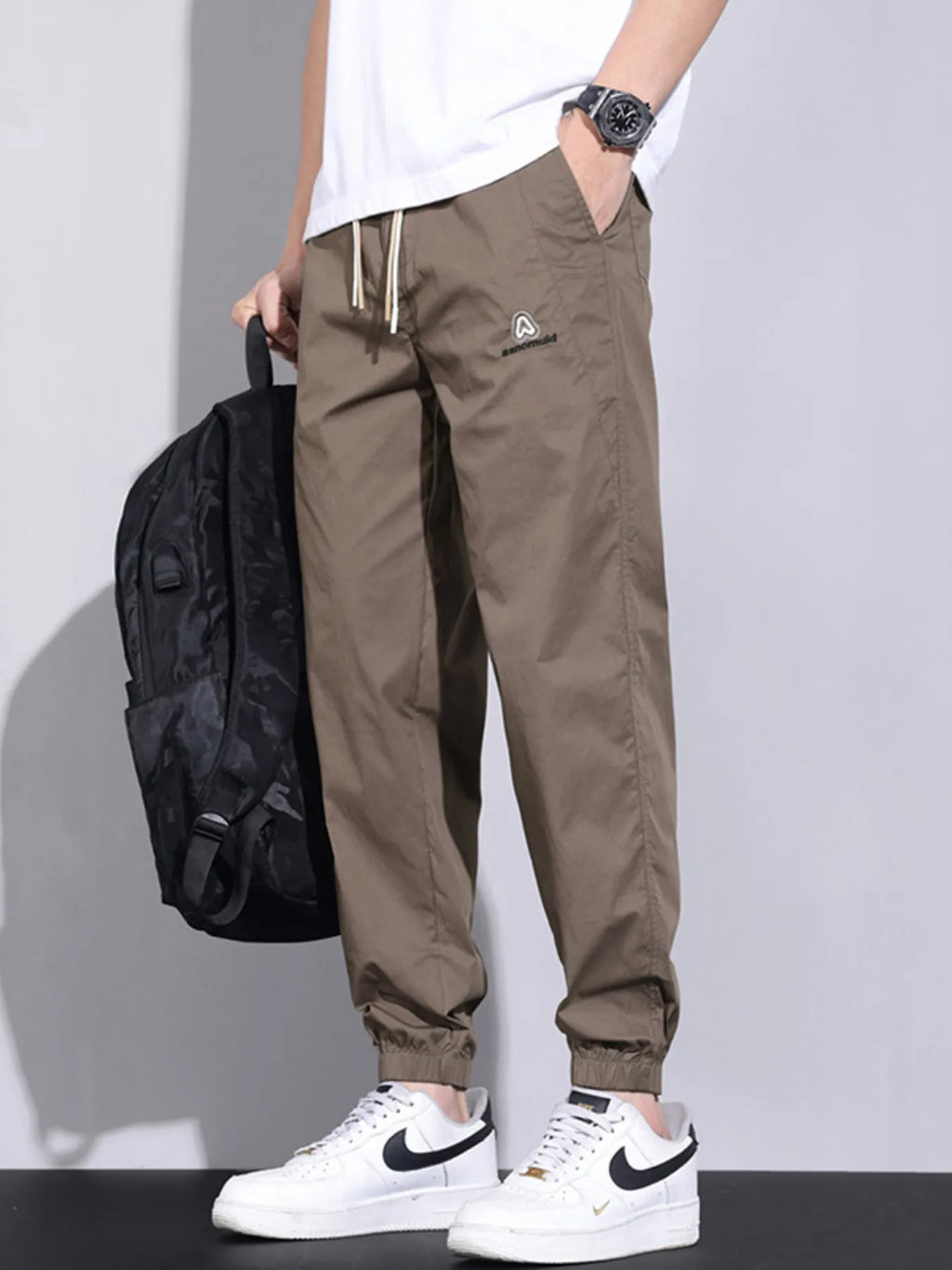 Plus Size Casual Drawstring Ankle-Cuffed Pants in Coffee for Men